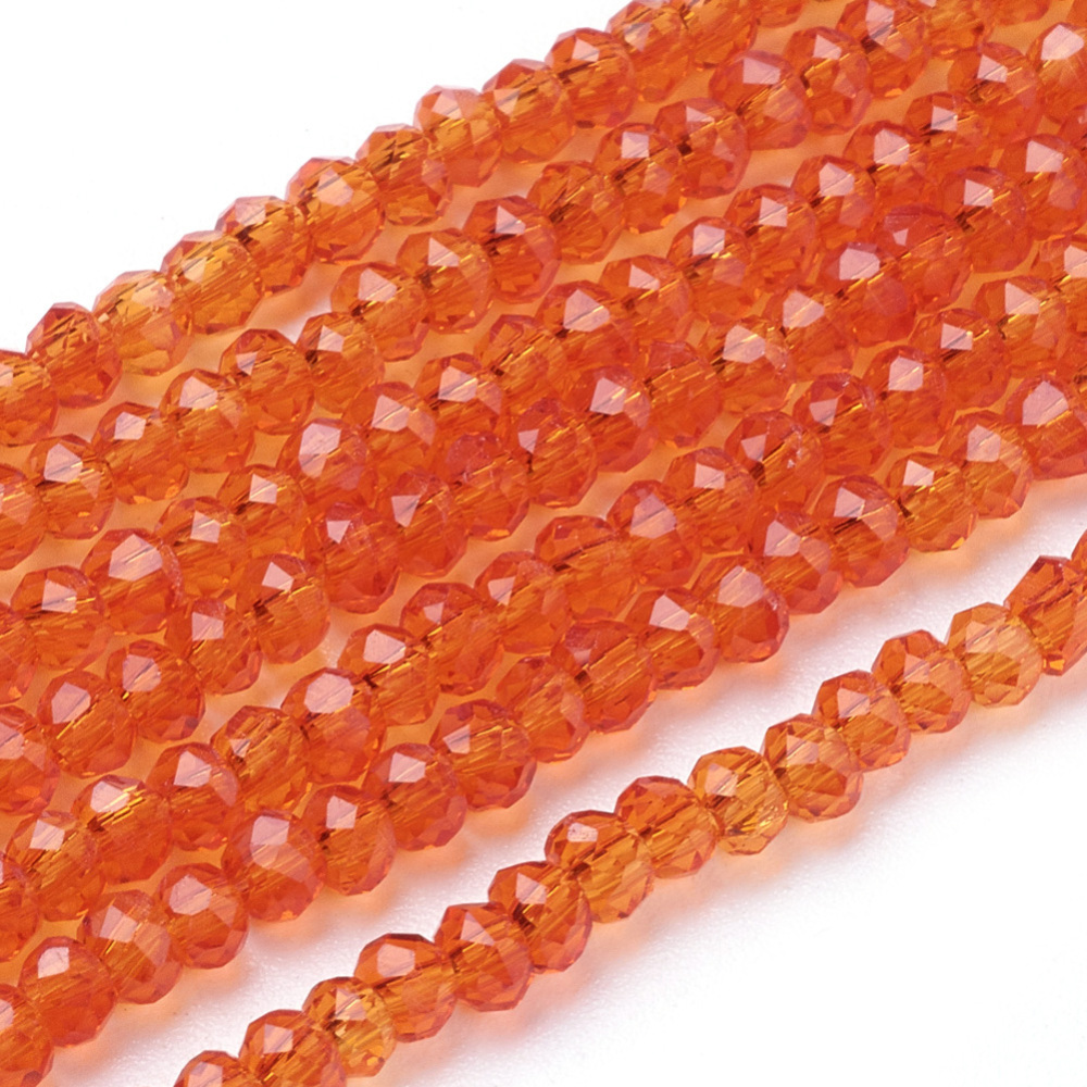 PandaHall Glass Beads Strands, Faceted, Rondelle, OrangeRed, 3x2mm, Hole: 0.5mm; about 197pcs/strand, 16.9" Glass Rondelle Red