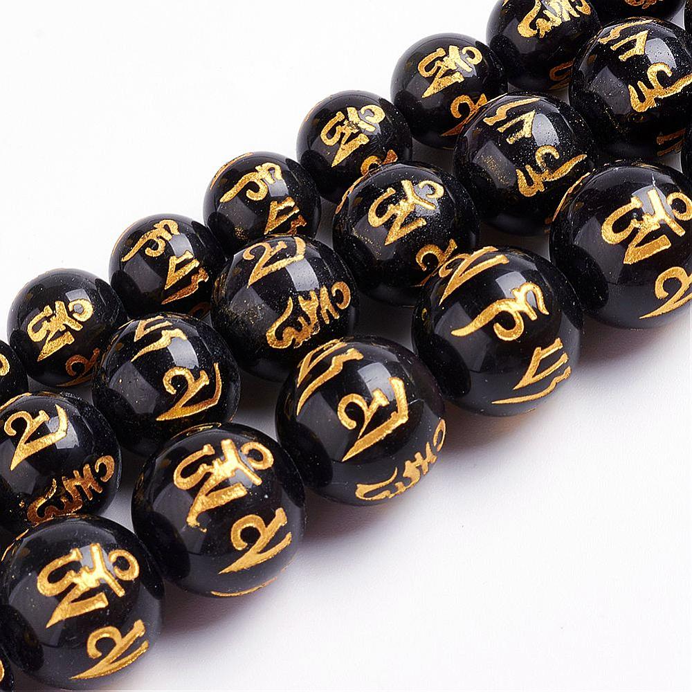 PandaHall Natural Black Obsidian Beads Strands, Round Carved Om Mani Padme Hum, 9~10mm, Hole: 1mm; about 40pcs/strand, 15.5"(39.5cm)...