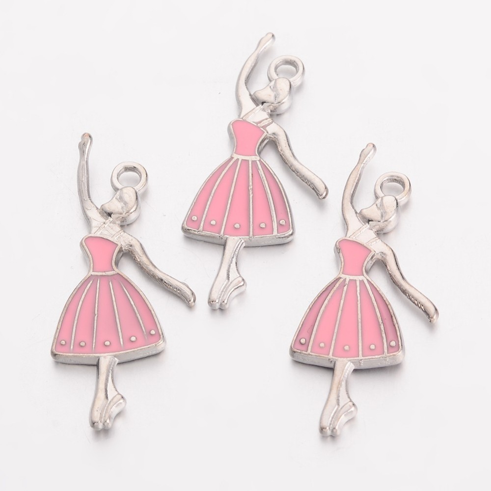 PandaHall Alloy Enamel Pendants, Lead Free and Cadmium Free, Ballerina, Platinum Color, Pink, about 32mm long, 13mm wide, 2mm thick, hole...