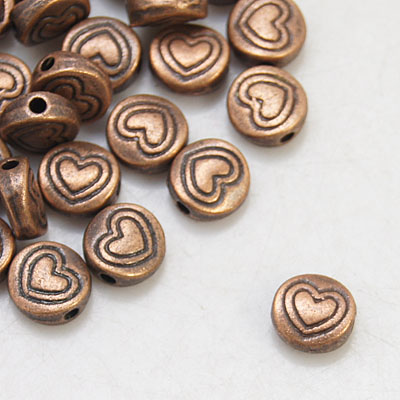 PandaHall Tibetan Silver Beads, Lead Free & Nickel Free & Cadmium Free, Flat Round with Heart, Red Copper Color, Size: about 6.5mm in...