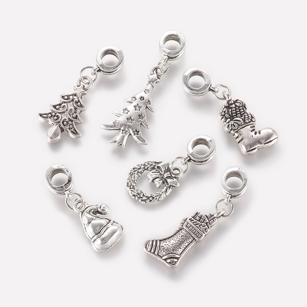 PandaHall Tibetan Style Alloy European Dangle Beads, Large Hole Pendants, Christmas Style, Antique Silver, 28~39mm, Hole: 4.5mm Alloy Mixed...