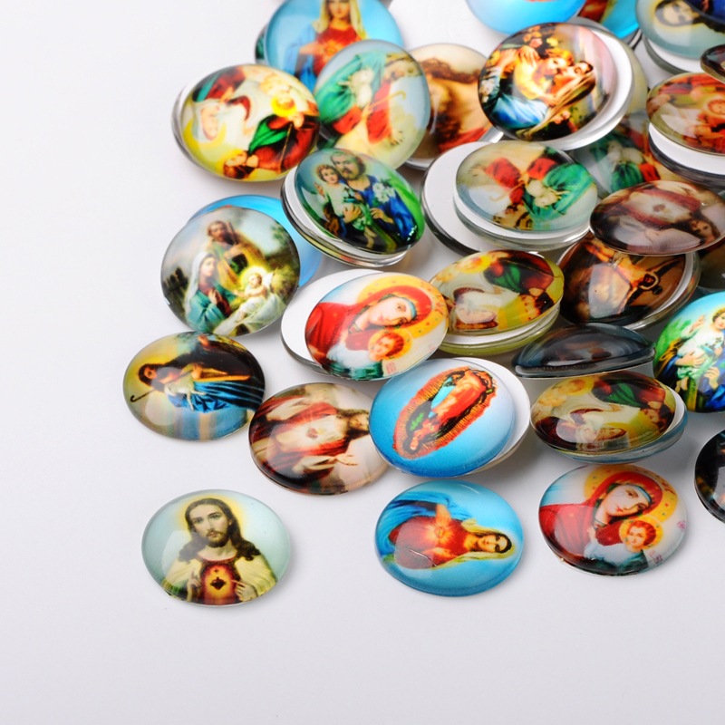 PandaHall Jesus and the Virgin Printed Glass Half Round/Dome Cabochons, Mixed Color, 25x7mm Glass Half Round Multicolor