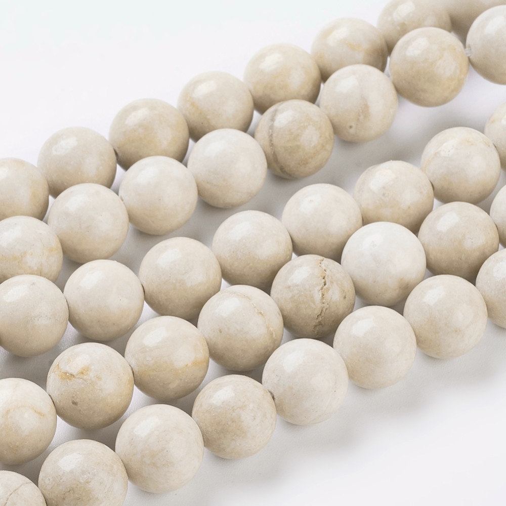 PandaHall Natural Fossil Beads Strands, Round, 10mm, Hole: 1mm, about 41pcs/strand Fossil Round White