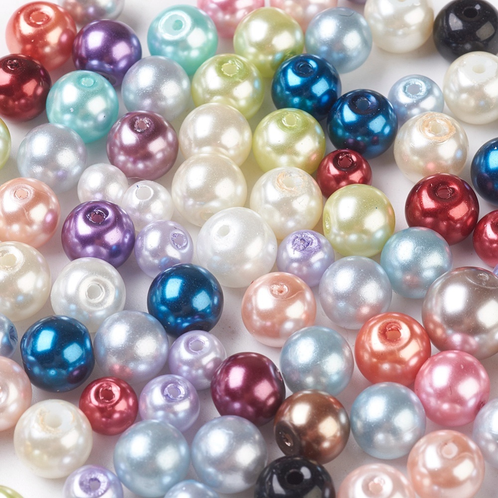 PandaHall Glass Imitation Pearl Beads, Round, Mixed Color, 4~10mm, Hole: 1~1.6mm; about 200pcs/100g Glass Round Multicolor
