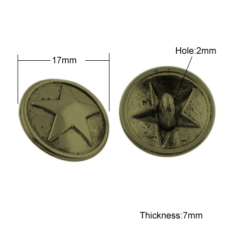 PandaHall Tibetan Style Shank Buttons, Lead Free and Nickel Free, Flat Round with Star, Antique Bronze, 17x7mm, Hole: 2mm Alloy Flat Round