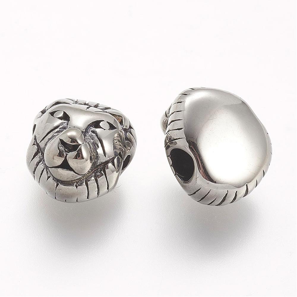 PandaHall 304 Stainless Steel Beads, Lion Head, Antique Silver, 12x11x8mm, Hole: 3mm Stainless Steel Lion