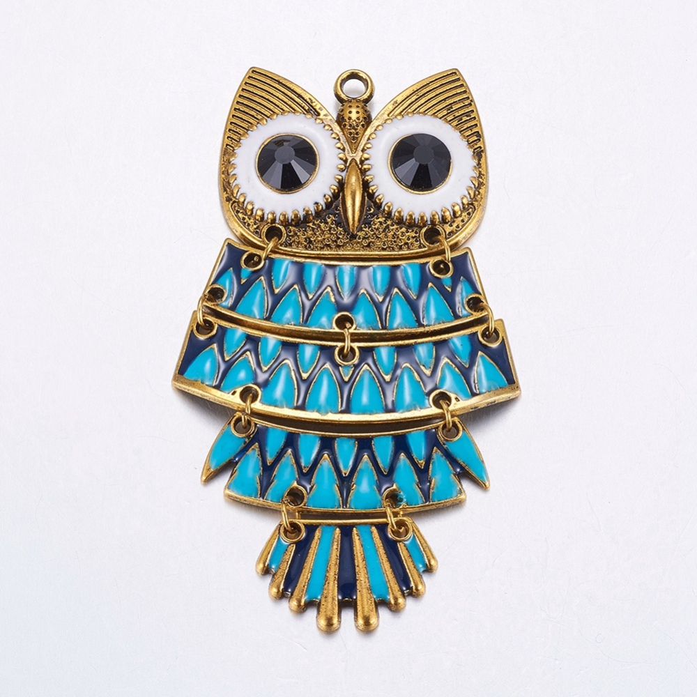 PandaHall Alloy Enamel Owl Big Pendants, for Halloween, Antique Golden, DeepSkyBlue, 90x49x7mm Alloy+Enamel Owl Blue