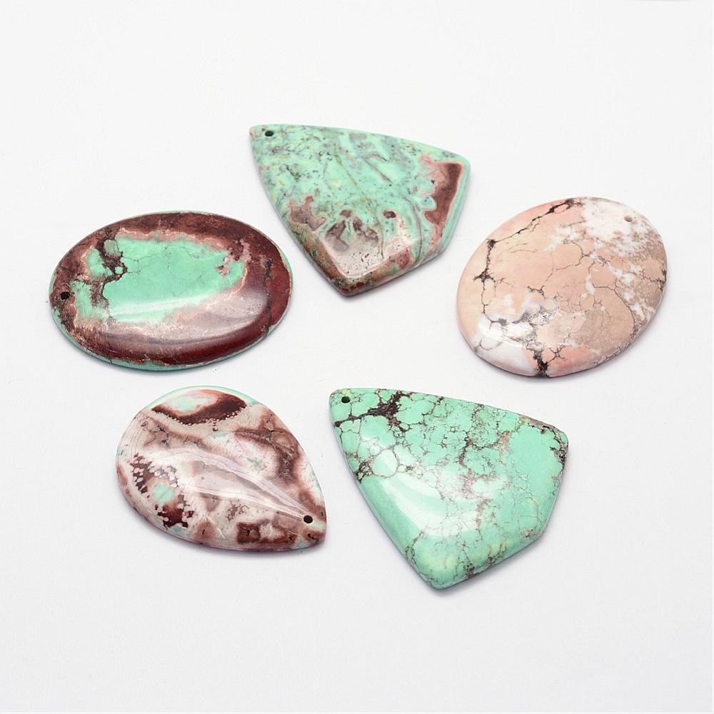 PandaHall Natural Howlite Pendants, Dyed, Mixed Shape, Aquamarine, 49~54x36~46x6.5~7mm, Hole: 2mm Howlite Mixed Shapes Green