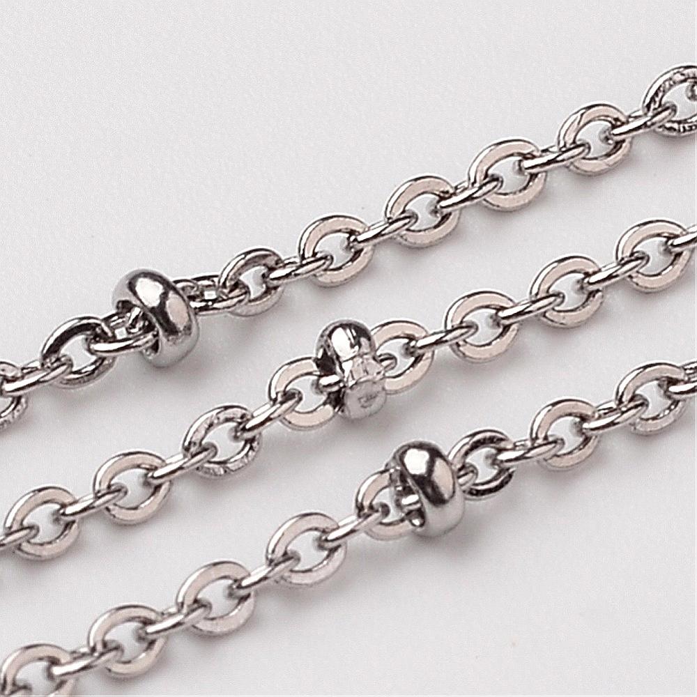 PandaHall 304 Stainless Steel Cable Chains, Decorative Chains, with Rondelle Beads, Stainless Steel Color, 2mm Stainless Steel