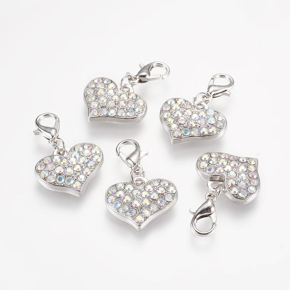 PandaHall Alloy Rhinestone Pendants, Grade A, with Lobster Clasp, Heart, Heart, Platinum Metal Color, Crystal AB, 30x18x4mm Alloy+Rhinestone...