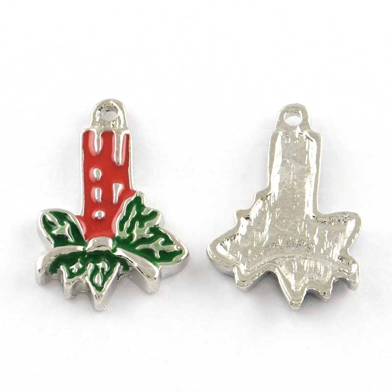 PandaHall Christmas Candle Alloy Enamel Pendants, Platinum, Red, 24x15.5x3mm, Hole: 2mm Alloy+Enamel Others Red