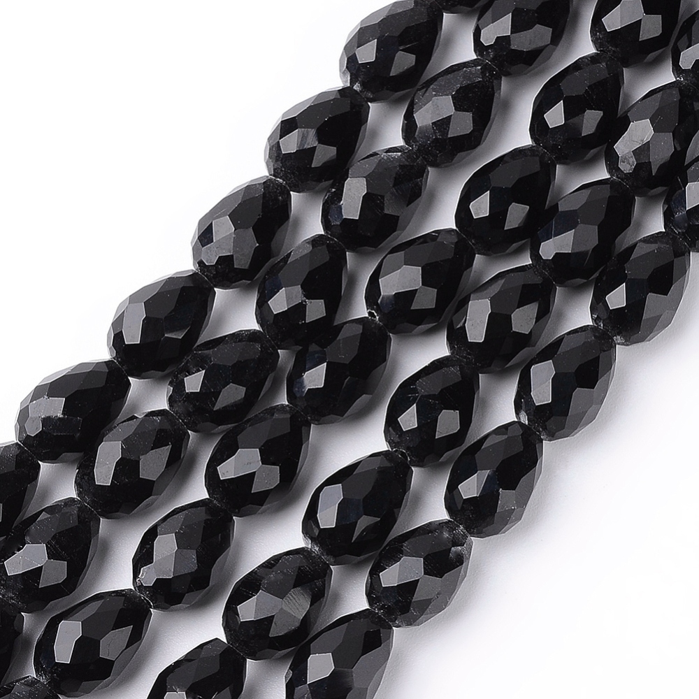 PandaHall Glass Beads Strands, Faceted, Drop, Black, 12x8mm; Hole: 1mm, about 60pcs/strand, 28.3" Glass Drop Black