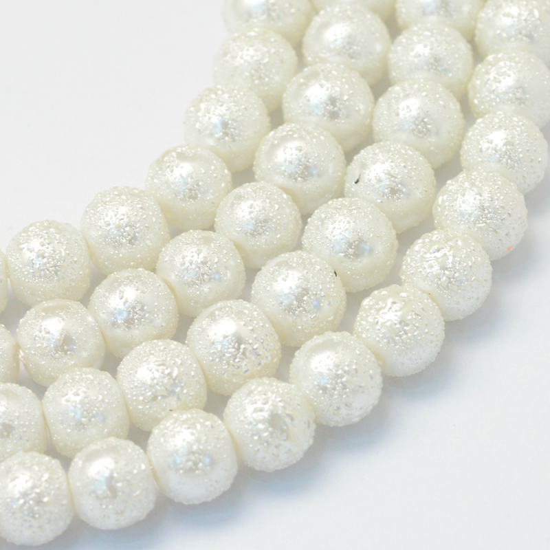 PandaHall Baking Painted Textured Glass Pearl Round Bead Strands, White, 8~9mm, Hole: 1mm; about 105pcs/strand, 31.4" Glass Round White