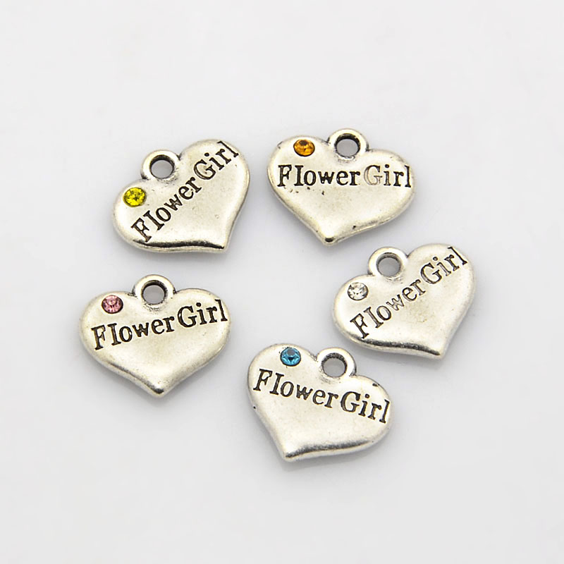 PandaHall Wedding Party Supply Antique Silver Rhinestone Heart Charms, Flower Girl Wedding Family Charms, Mixed Color, 13.5x16x3mm, Hole...