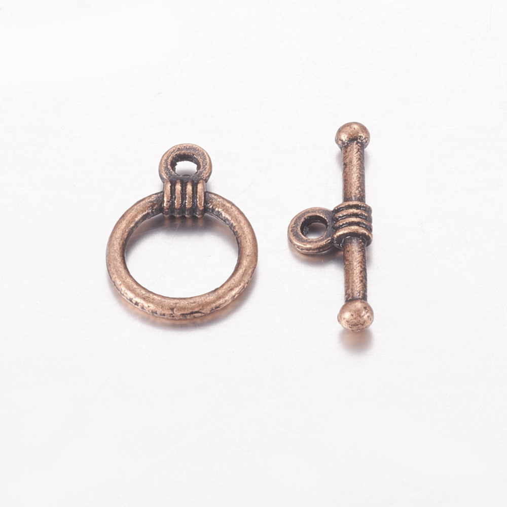 PandaHall Tibetan Style Alloy Toggle Clasps, Lead Free & Cadmium Free, Red Copper Color, Ring: 11mm wide, 16mm long, Bar: 19mm long, hole...