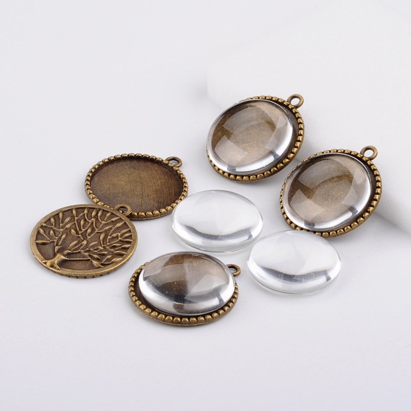 PandaHall 25mm Transparent Clear Domed Glass Cabochon Cover for Photo Pendant Making, with Alloy Pendant Settings, Tree of Life, Antique...