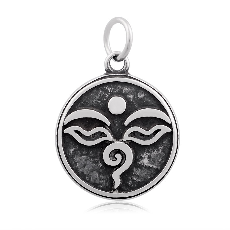 PandaHall 316 Stainless Steel Pendants, Flat Round with Buddha Eye, Antique Silver, 23x19x2.5mm, Hole: 5mm Stainless Steel Flat Round