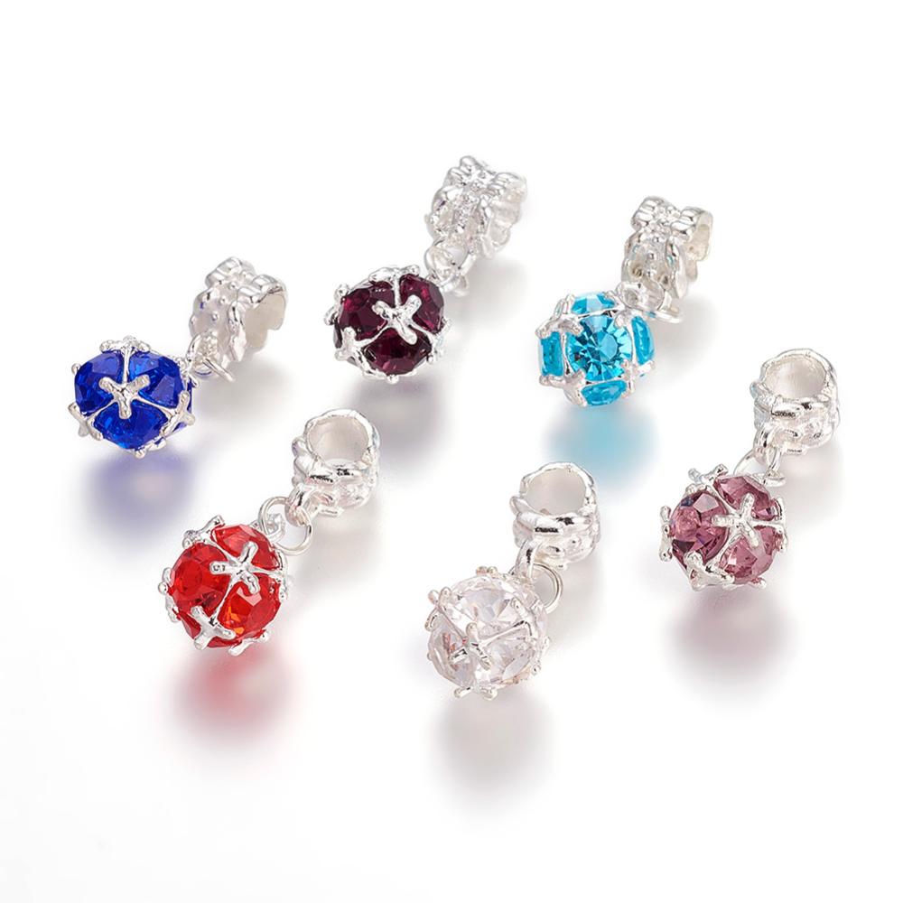 PandaHall Alloy European Dangle Beads, with Rhinestone, Round, Silver Metal Color, Mixed Color, 26x10mm, Hole: 5mm Alloy+Rhinestone Round...