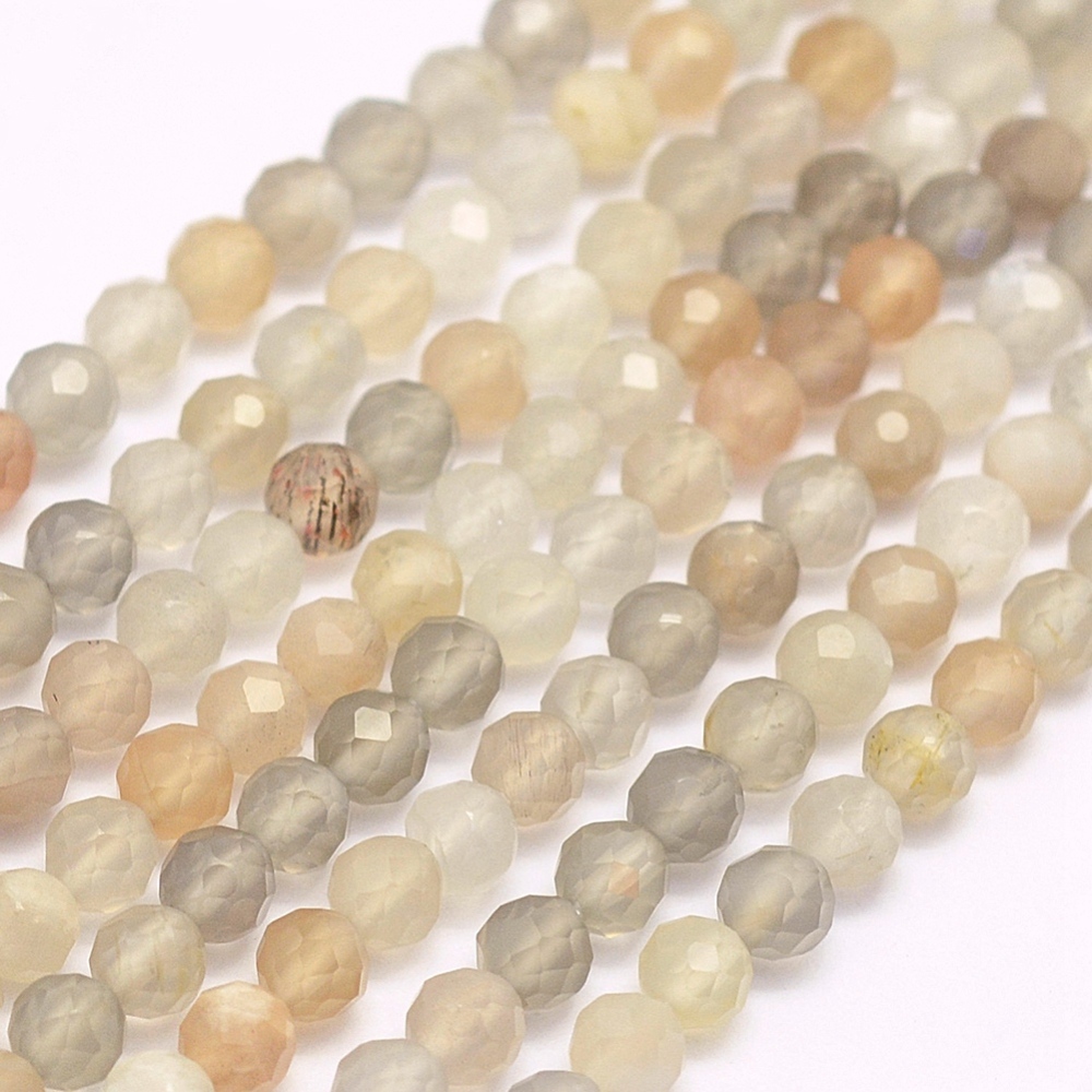 PandaHall Natural Moonstone Beads Strands, Faceted, Round, 2mm, Hole: 0.5mm; about 210~220pcs/strand, 15.7"(40cm) Moonstone Round Gray