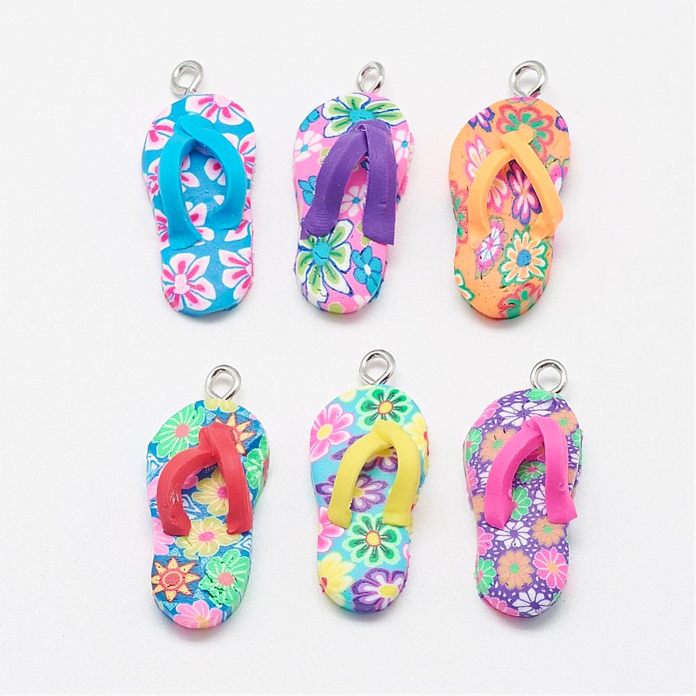 PandaHall Handmade Polymer Clay Pendants, with Alloy Findings, Flip-flops, Mixed Color, 30~32x13x9mm, Hole: 2.5mm Polymer Clay Shoes...