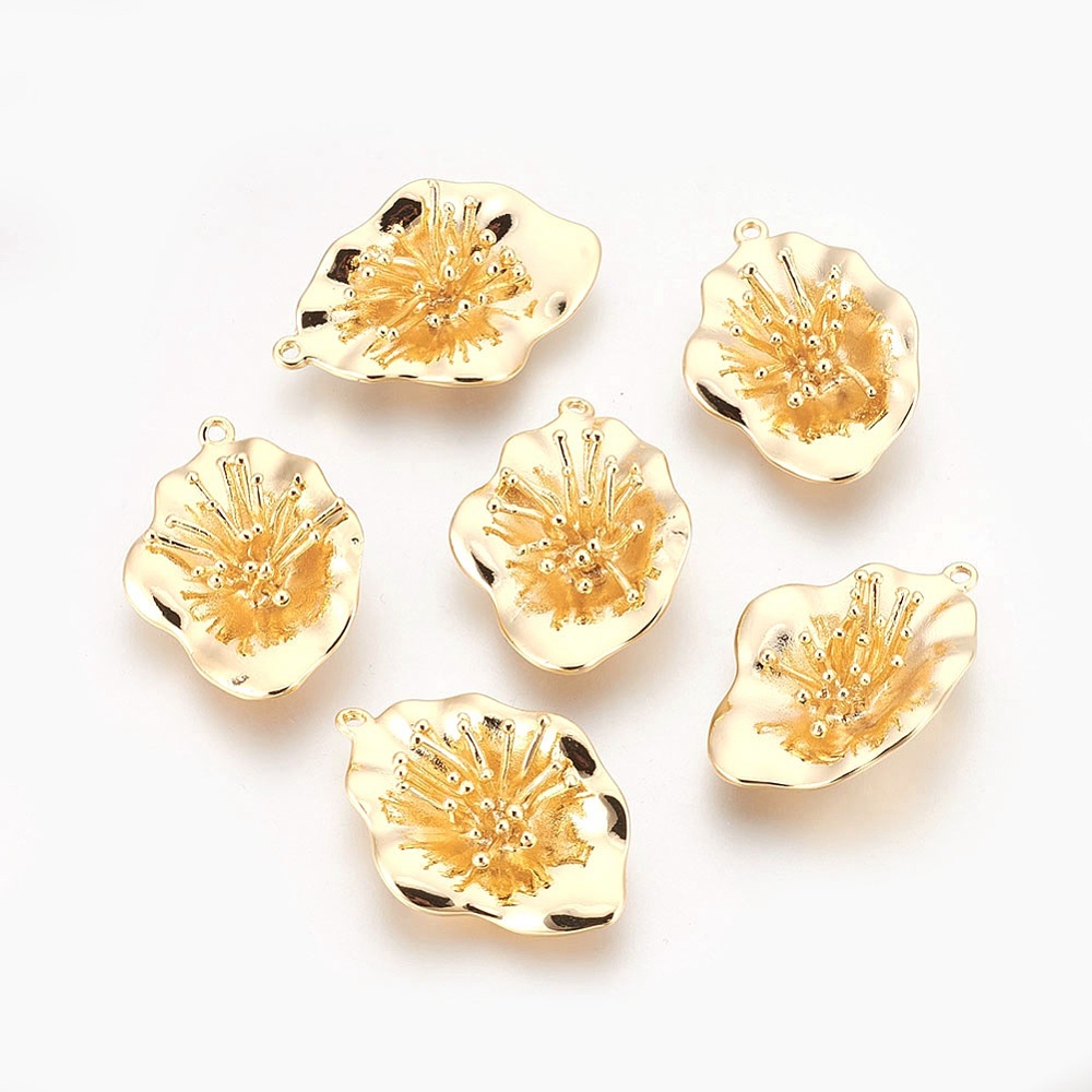 PandaHall Flower Light Gold Plating Brass Pendants, 30x20x8mm, Hole: 1mm Brass Flower