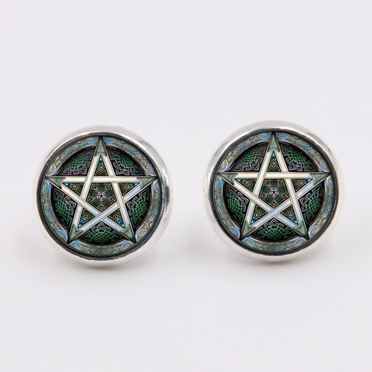 PandaHall Glass Stud Earrings, with Brass Findings, Flat Round with Star, Colorful, 14x5mm, Pin: 0.7mm Glass Silver