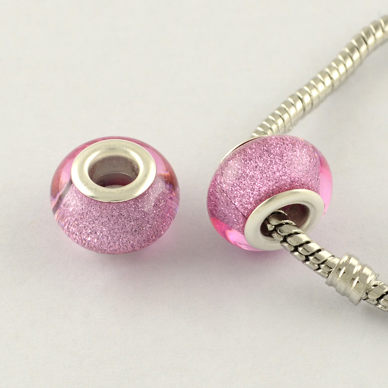 PandaHall Large Hole Acrylic European Beads, with Silver Tone Brass Double Cores, Rondelle, PearlPink, 14x9mm, Hole: 5mm Acrylic Rondelle...