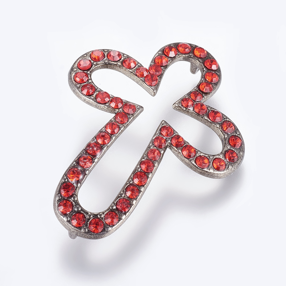 PandaHall Cross Gunmetal Tone Zinc Alloy Grade A Rhinestone Links, Light Siam, 43x33x8mm, Hole: 2mm Alloy+Rhinestone Cross Red