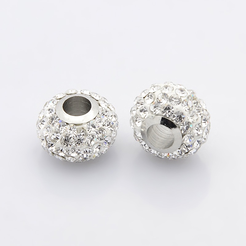 PandaHall Large Hole Platinum Plated Brass Pave Polymer Clay Grade A Rhinestone European Beads, Rondelle, Five Rows about 95pcs Rhinestones...