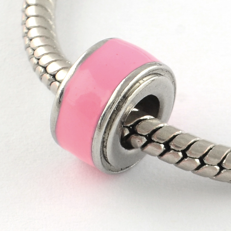 PandaHall Donut 316 Stainless Steel Enamel European Beads, Large Hole Beads, HotPink, 10x6mm, Hole: 5mm Stainless Steel+Enamel Donut Pink