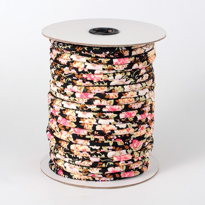 PandaHall Round Cloth Cord, Black, 7x4.5mm; about 50yards/roll Cloth Black