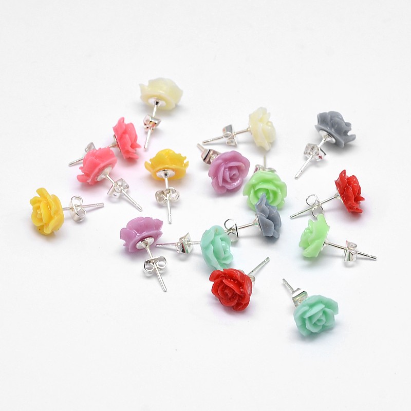 PandaHall Girl's Resin 3D Flower Ear Studs, with Stainless Steel Pins, Mixed Color, 10mm; Pin: 0.7mm Resin Multicolor