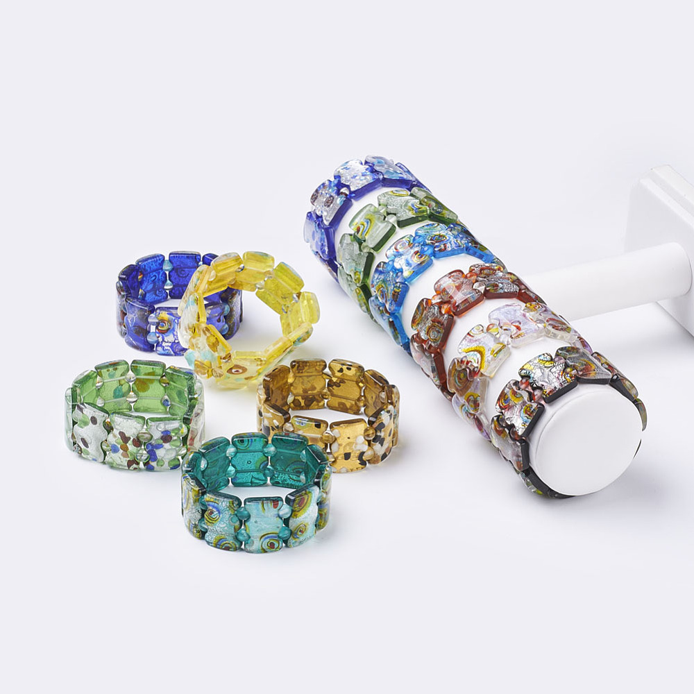 PandaHall Handmade Millefiori Lampwork Beaded Stretch Bracelets, with Silver Foil, Mixed Color, 2-1/8"(53mm) Millefiori Lampwork Multicolor