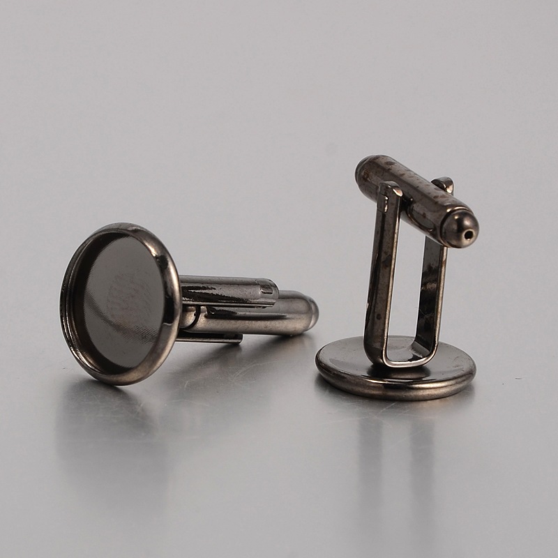 PandaHall Brass Cuff Button, Cufflink Finding Cabochon Settings for Apparel Accessories, Gunmetal, 26x14mm, Tray: 12mm Brass Flat Round