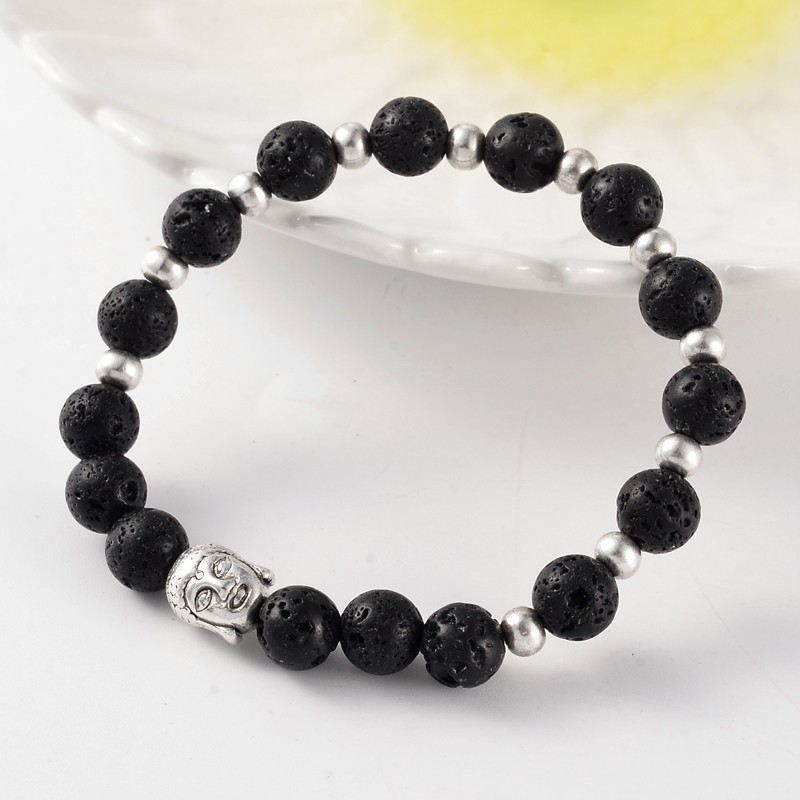 PandaHall Trendy Natural Lava Beaded Stretch Bracelets, with Tibetan Style Antique Silver Alloy Beads, 57mm Lava