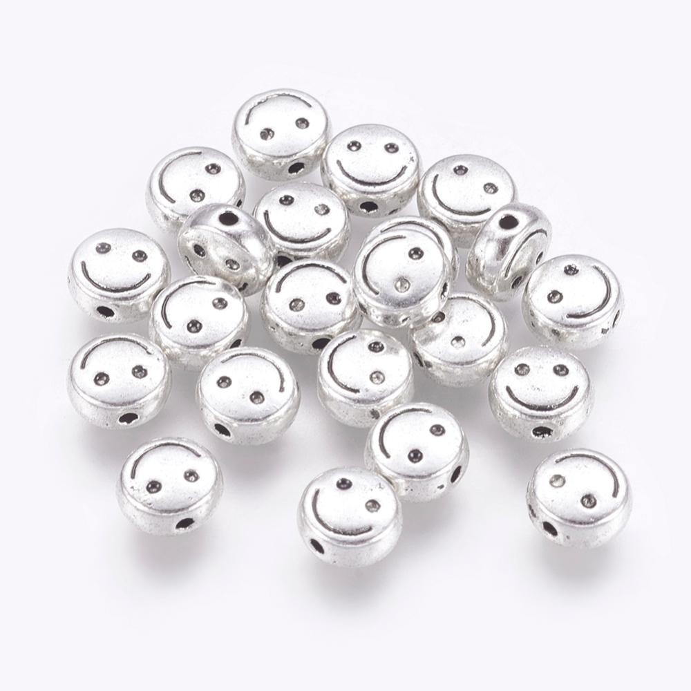 PandaHall Tibetan Style Flat Round Carved Smiling Face Beads, Lead Free & Cadmium Free, Antique Silver, 6x3mm, Hole: 1mm Alloy Flat Round