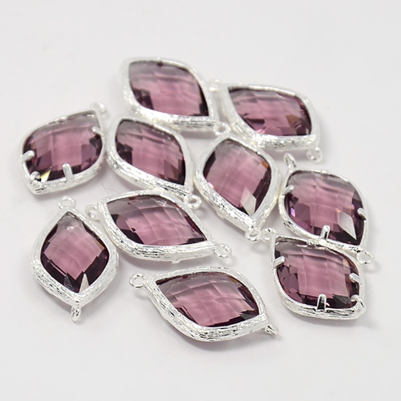 PandaHall Silver Plated Brass Glass Links, Faceted Rhombus, Plum, 22x14x6mm, Hole: 1mm Glass Rhombus Purple
