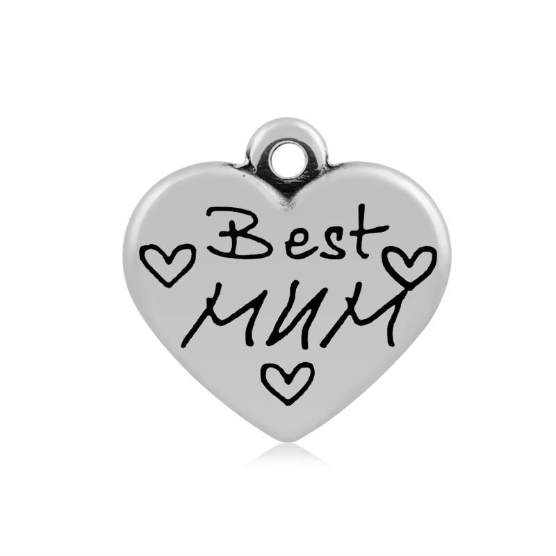 PandaHall Heart with Word Best Mum 316 Stainless Steel Pendants, Antique Silver, 16x16.5x4mm, Hole: 2mm Stainless Steel Heart