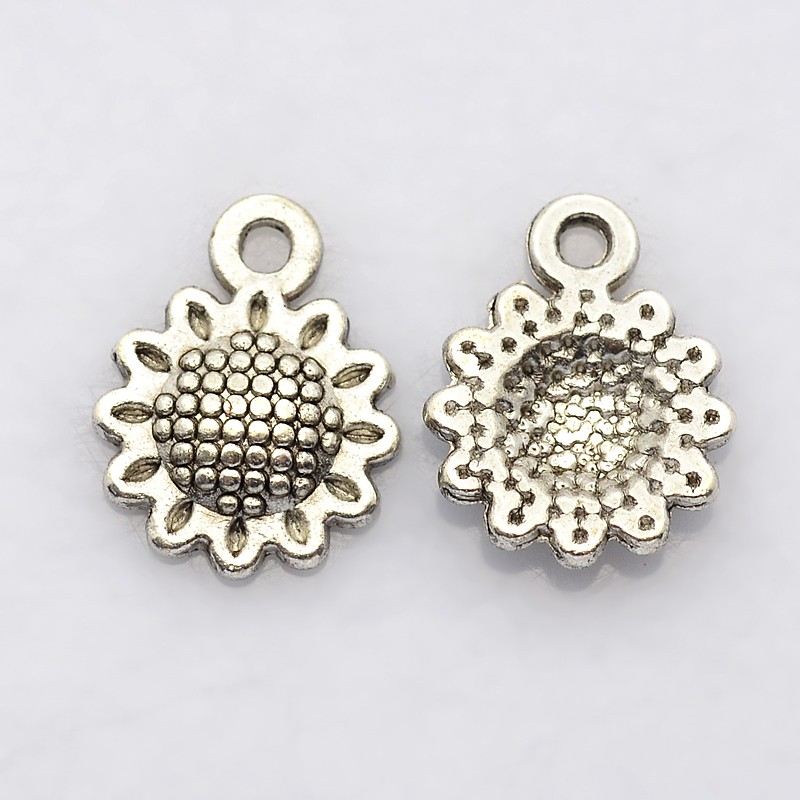 PandaHall Antique Silver Plated Tibetan Silver Sunflower Pendants, Lead Free and Cadmium Free, about 12mm long, 9mm wide, 2mm thick, hole...