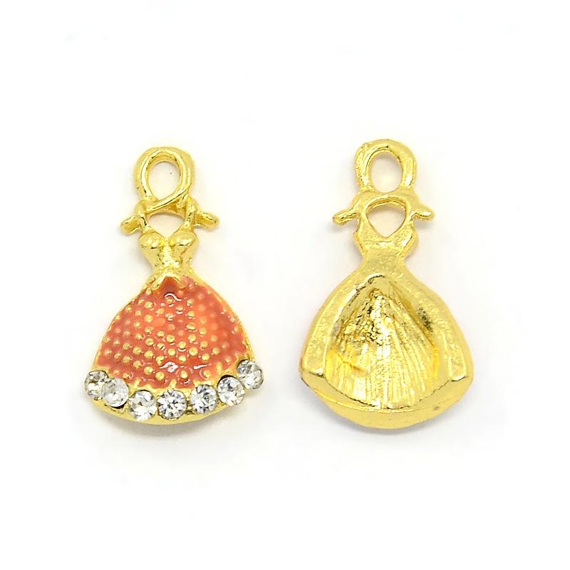 PandaHall Nickel Free Golden Tone Alloy Rhinestone Enamel Clothes Pendants, Dress Charms, Coral, 16x10x3mm, Hole: 1mm Alloy...
