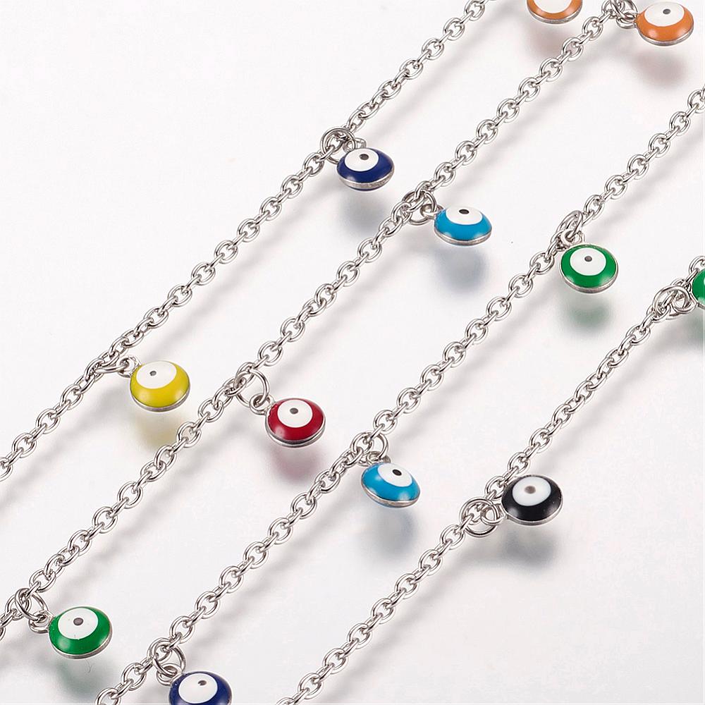 PandaHall 304 Stainless Steel Charm Anklets, with Enamel Charms, Evil Eye, Platinum, Mixed Color, 10-3/8"(263mm); 2mm Stainless Steel...