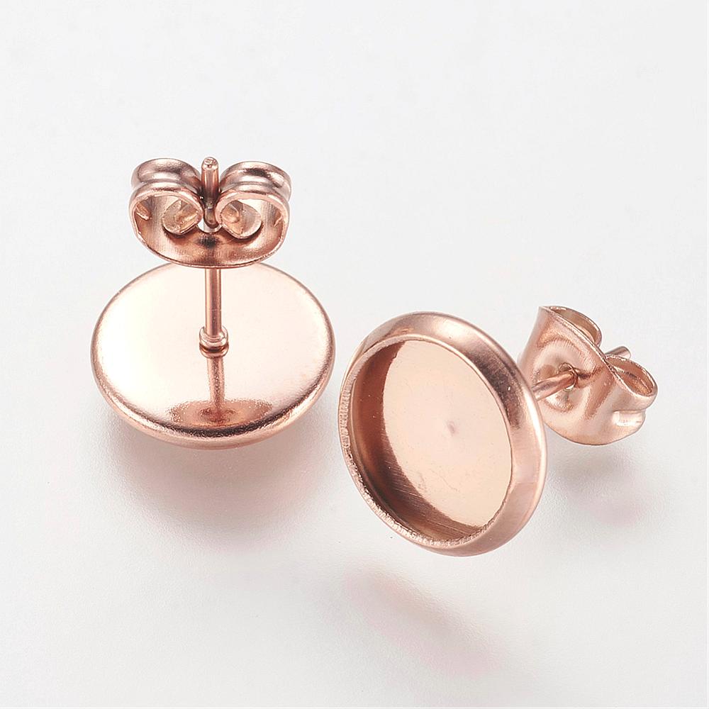 PandaHall 304 Stainless Steel Stud Earrings Findings, Furnace Electroplating, Flat Round, Rose Gold, Tray: 8mm; Pin: 0.9mm Stainless Steel