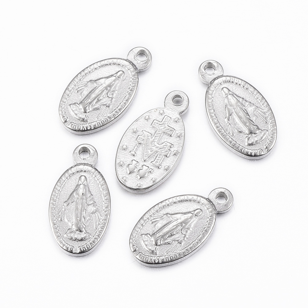 PandaHall 304 Stainless Steel Pendants, Oval with Virgin Mary, Stainless Steel Color, 12.5x6.5x1.5mm, Hole: 1mm Stainless Steel Oval