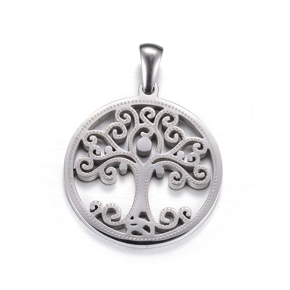 PandaHall 304 Stainless Steel Pendants, Flat Round with Tree of Life, Stainless Steel Color, 27.5x25x2mm, Hole: 7x3mm Stainless Steel Tree