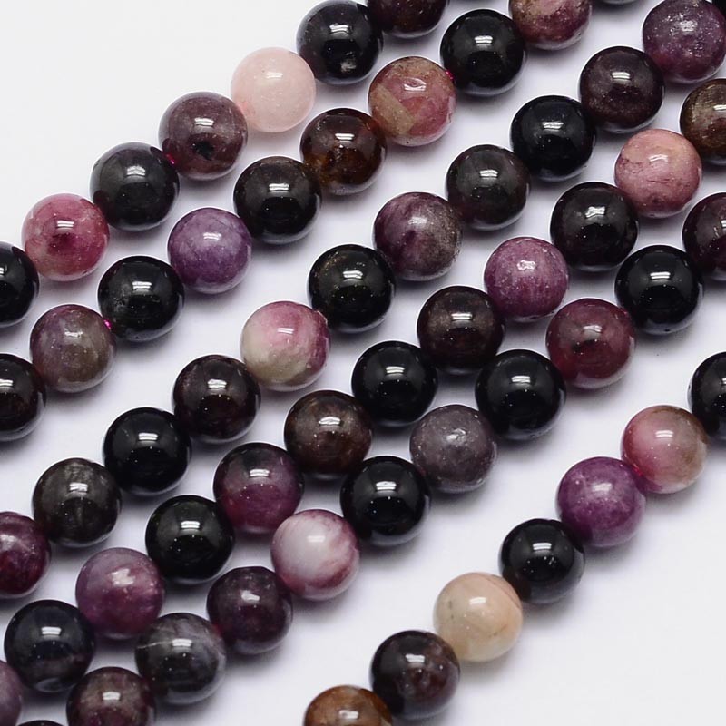 PandaHall Natural Tourmaline Round Bead Strands, 8mm, Hole: 1mm; about 54pcs/strand, 15.5" Tourmaline Round