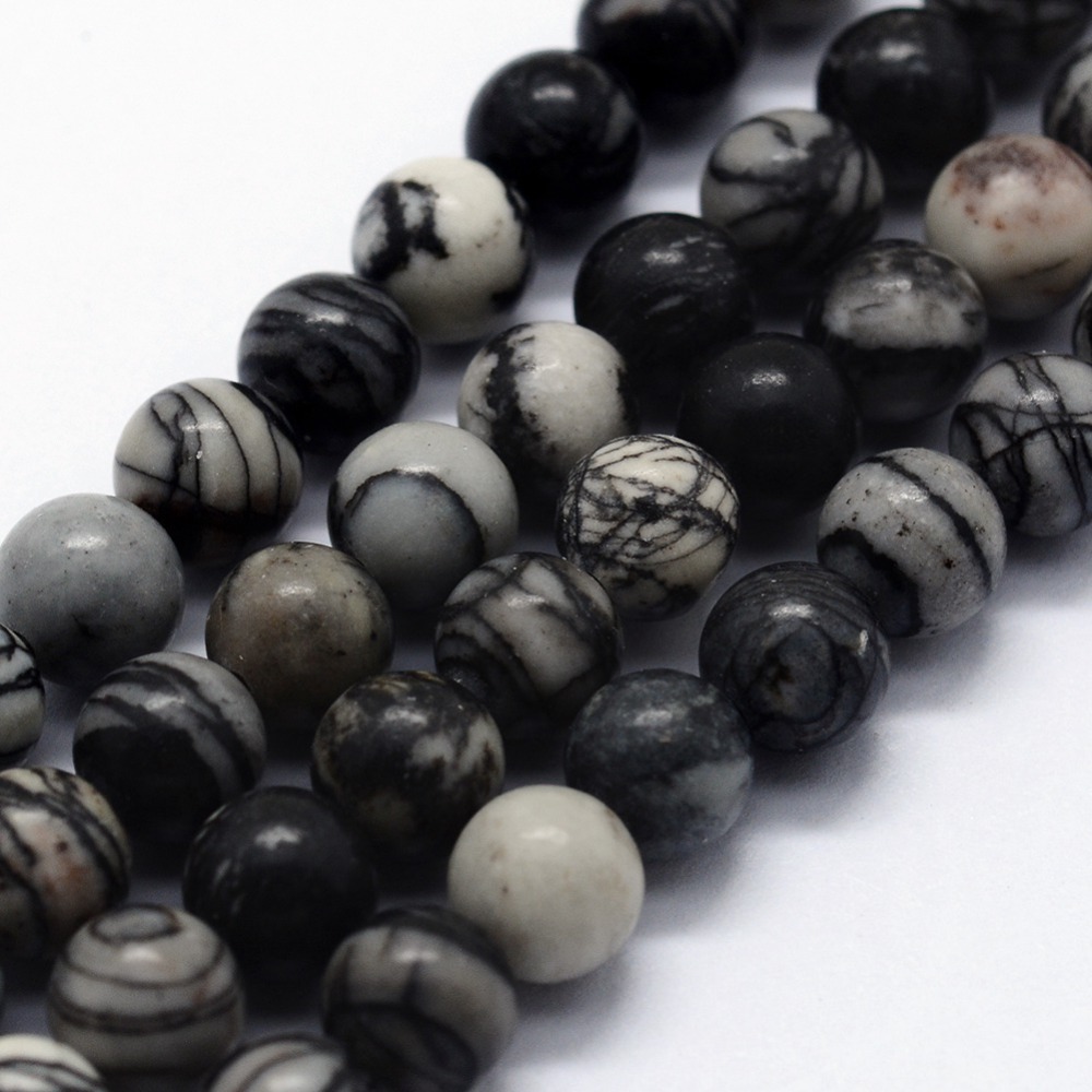PandaHall Natural Black Silk Stone/Netstone Beads Strands, Round, 8mm, Hole: 1mm; about 46pcs/strand,  14.76"(37.5cm) Netstone Round