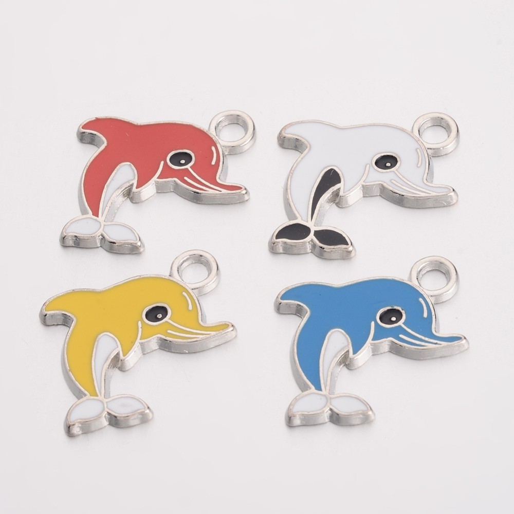 PandaHall Alloy Enamel Pandents, Dolphin, Platinum, Mixed Color, about 26.5mm long, 20mm wide, 2mm thick, hole: 2.5mm Alloy+Enamel Dolphin...