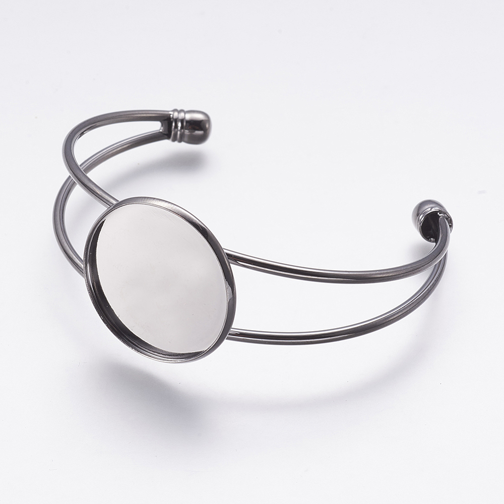PandaHall Brass Cuff Bangle Makings, Bangle Blanks, with Flat Round Tray, Gunmetal, 60mm, Tray: 25mm Brass