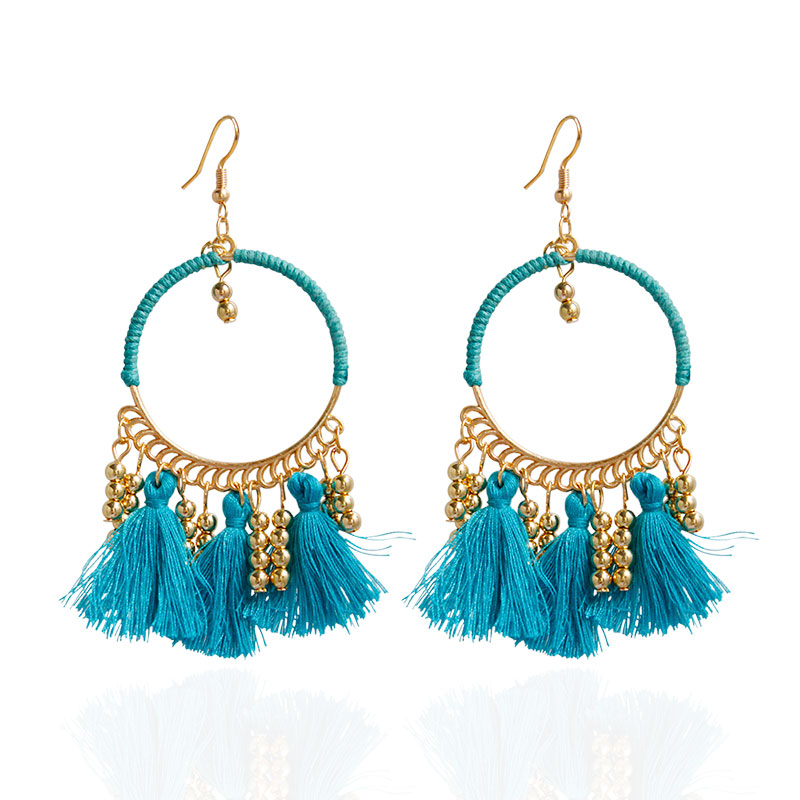 PandaHall Alloy Chandelier Earrings, with Tassel and Bead, DarkTurquoise, 95x40mm Alloy Cyan