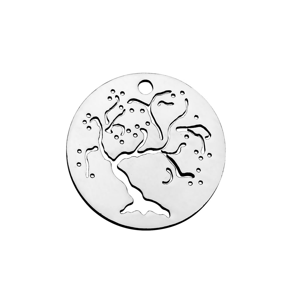 PandaHall 304 Stainless Steel Pendants, Flat Round with Cherry Tree, Stainless Steel Color, 20x1.1mm, Hole: 1.5mm Stainless Steel Flat Round